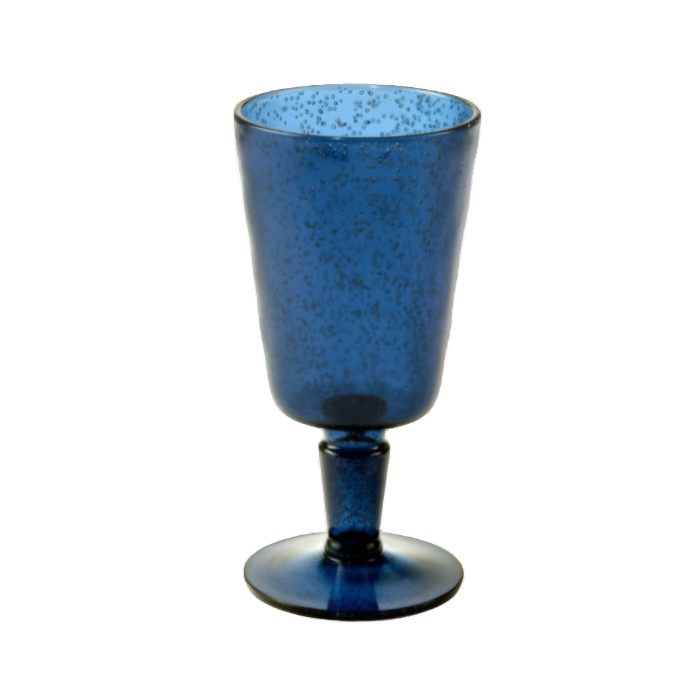 A blue speckled goblet with a short stem and round base from the Memento Deep Blue Acrylic Drinkware Collection, photographed on white—ideal for enhancing your outdoor dining experience.