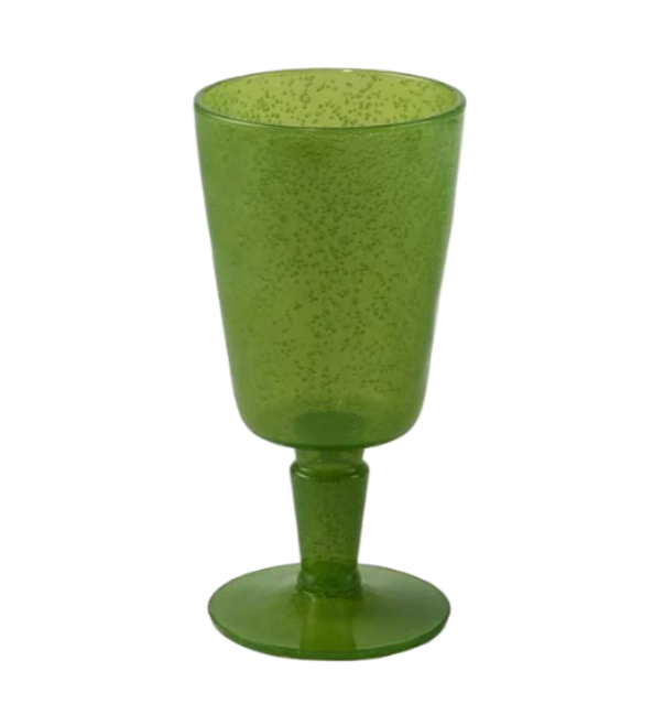 The Memento Lime Acrylic Drinkware Collection features a green, speckled goblet-style glass with a thick stem and wide base—ideal for outdoor dining—displayed on a white background.