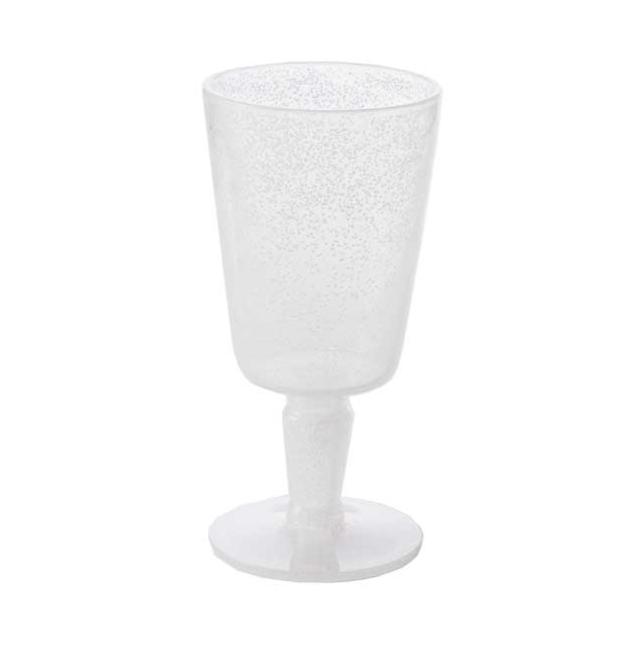 The Memento White Acrylic Drinkware Collection features a clear, goblet-style cup with a textured surface, ideal for outdoor dining and shown standing upright on a flat white background.