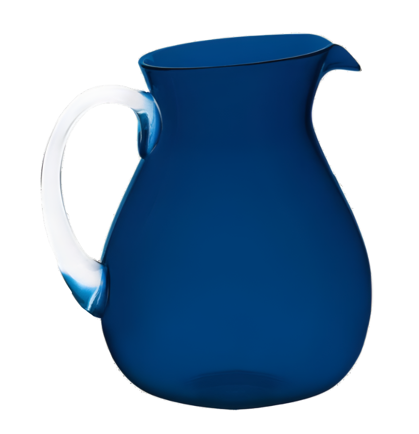 The Memento Deep Blue Acrylic Drinkware Collection features a blue pitcher with a clear handle and small spout, adding elegance to outdoor dining. Shown against a white background.