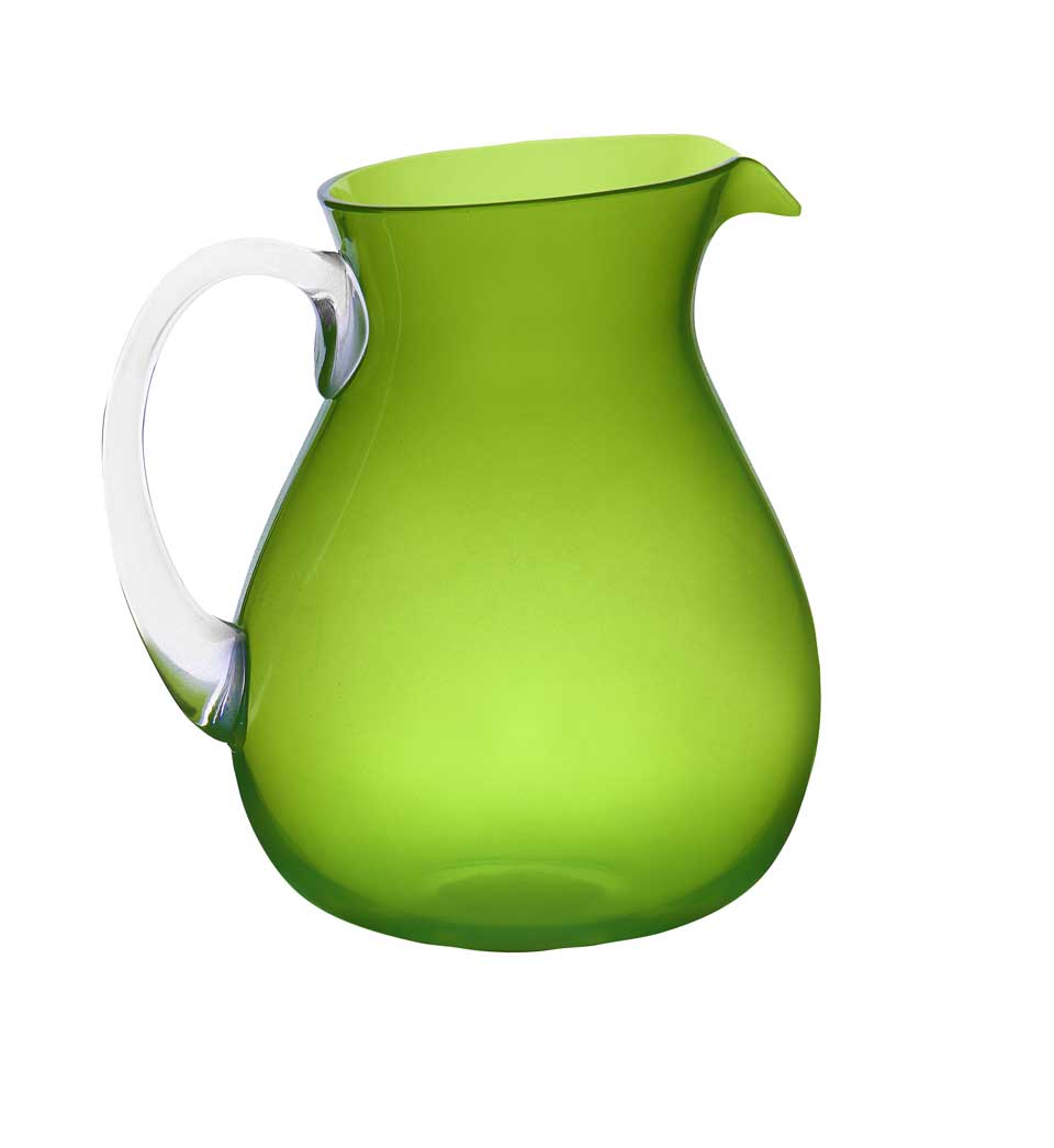 The Memento Lime Acrylic Drinkware Collection features a green translucent pitcher with a clear handle, ideal for outdoor dining and displayed against a white background.