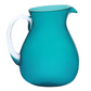 A turquoise pitcher from the Memento Turquoise Acrylic Drinkware Collection, featuring a clear handle and spout, is displayed on a white background—ideal for enhancing outdoor dining.