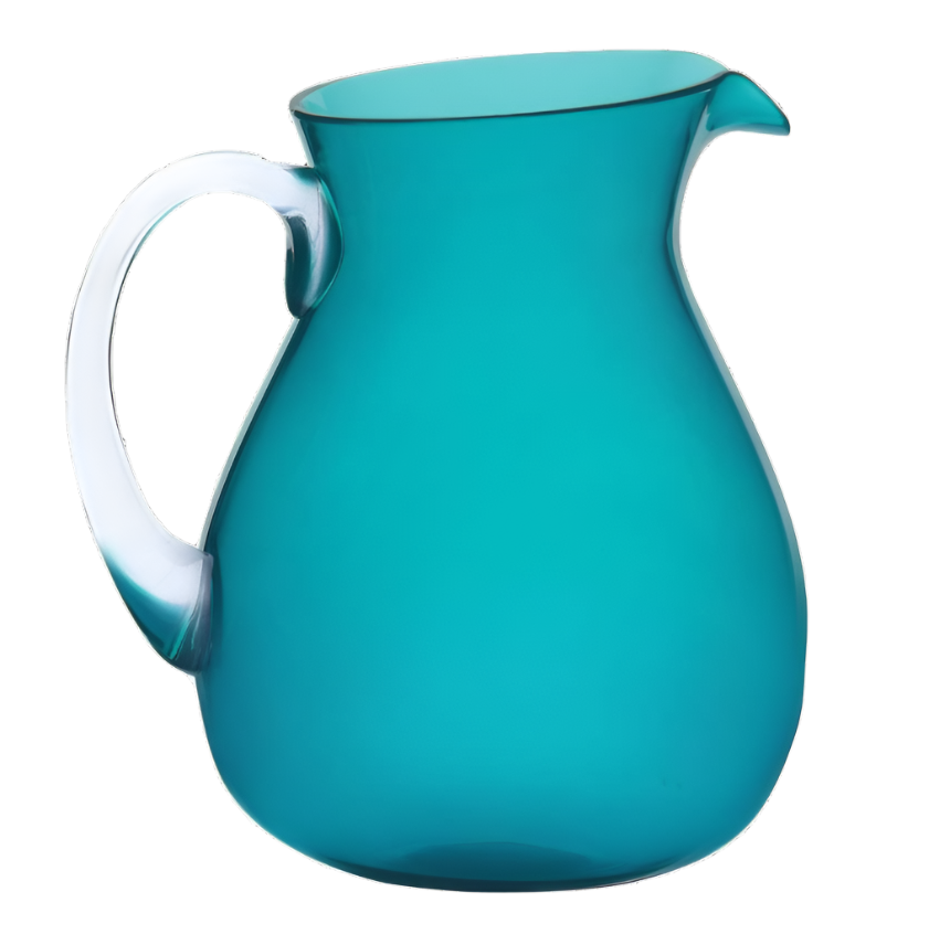 A turquoise pitcher from the Memento Turquoise Acrylic Drinkware Collection, featuring a clear handle and spout, is displayed on a white background—ideal for enhancing outdoor dining.