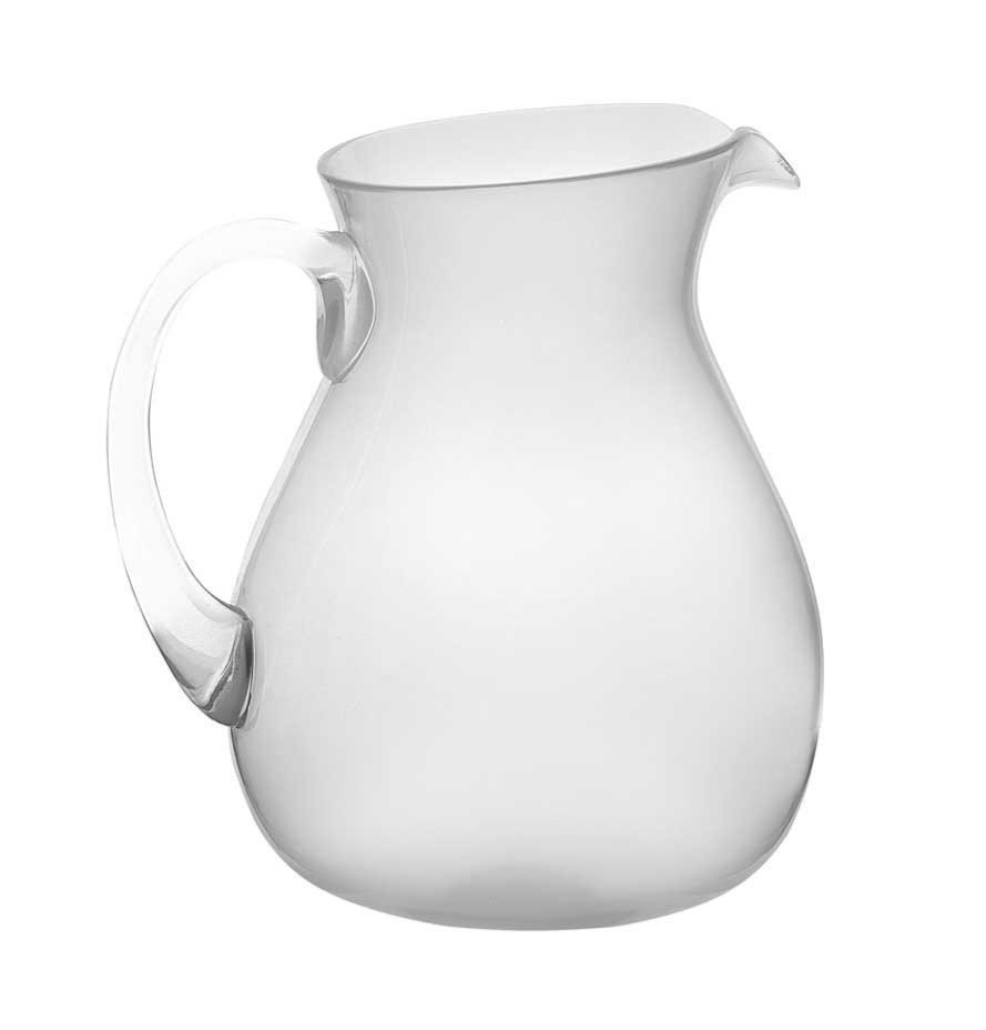 The Memento White Acrylic Drinkware Collection features a clear pitcher with a curved body, wide base, and handle—ideal for outdoor dining. Its simple design pairs well with bold colors or other functional pieces, pictured on a plain white background.