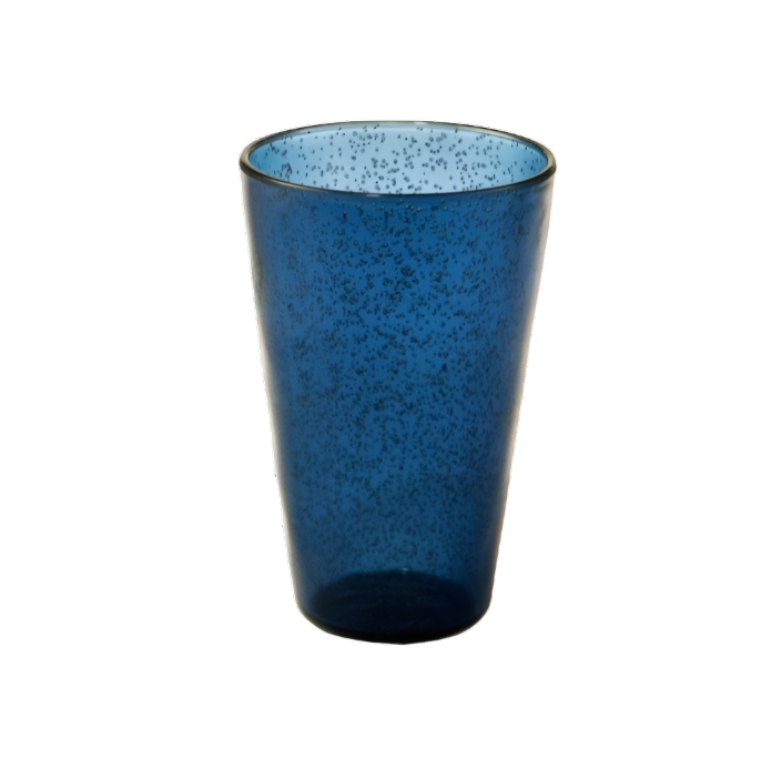 A blue speckled glass from Memento's Deep Blue Acrylic Drinkware Collection stands upright on a white background—perfect for stylish outdoor dining.