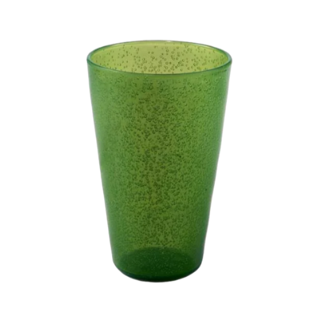 The Memento Lime Acrylic Drinkware Collection features a translucent green cup with a bold, bubble-like pattern. Perfect for outdoor dining, it's shown upright against a white background.