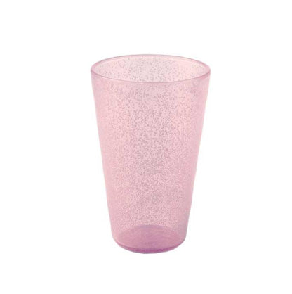 A translucent pink acrylic cup with a speckled texture from Memento’s Pink Acrylic Drinkware Collection stands upright on a white background—ideal for stylish, functional outdoor dining.