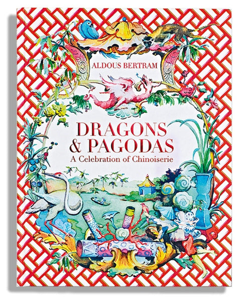 The book cover, "Dragons & Pagodas: A Celebration of Chinoiserie" by Vendome, features a vibrant design adorned with dragons, lush plants, and an elegant pagoda.