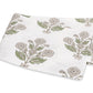 White fabric from the Dalila Bedding Collection by Matouk, featuring a vibrant green and beige floral print reminiscent of a Schumacher block print, folded neatly on a flat surface.