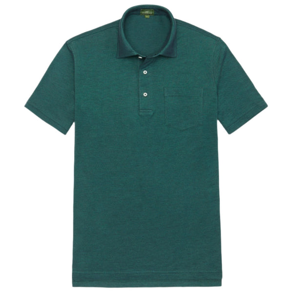 The Sid Mashburn Short-Sleeved Polo is a dark green polo shirt made from luxurious Peruvian Pima pique. It features a front pocket and three buttons and is beautifully laid flat on a white background.