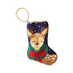 Add festive charm to your holiday decor with "Dasher, The Fun Reindeer Needle Point Stocking" from Bauble Stockings—a hand-stitched ornament featuring a deer with a green wreath on dark blue, complete with a gold hanging loop.