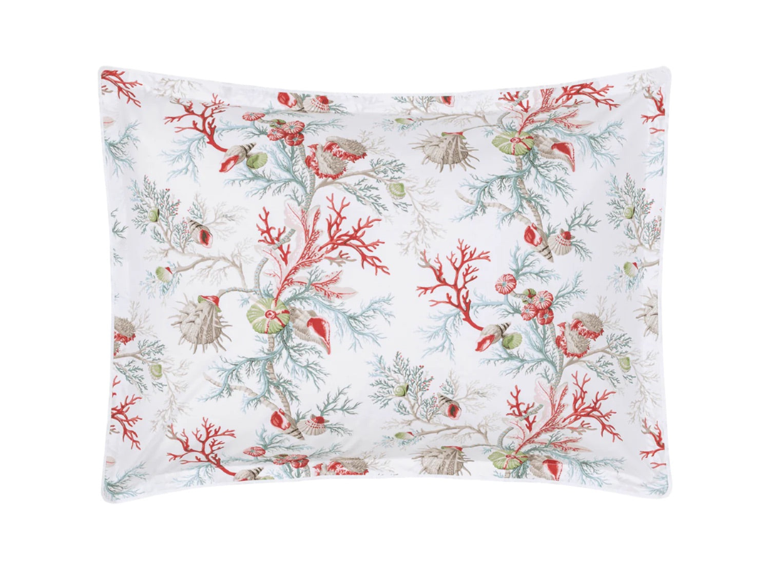 Experience coastal elegance with the Matouk Del Tesoro Bedding Collection pillowcase, adorned with a pattern of red coral, seashells, green seaweed, and subtle maritime creatures for a refined marine-inspired design.