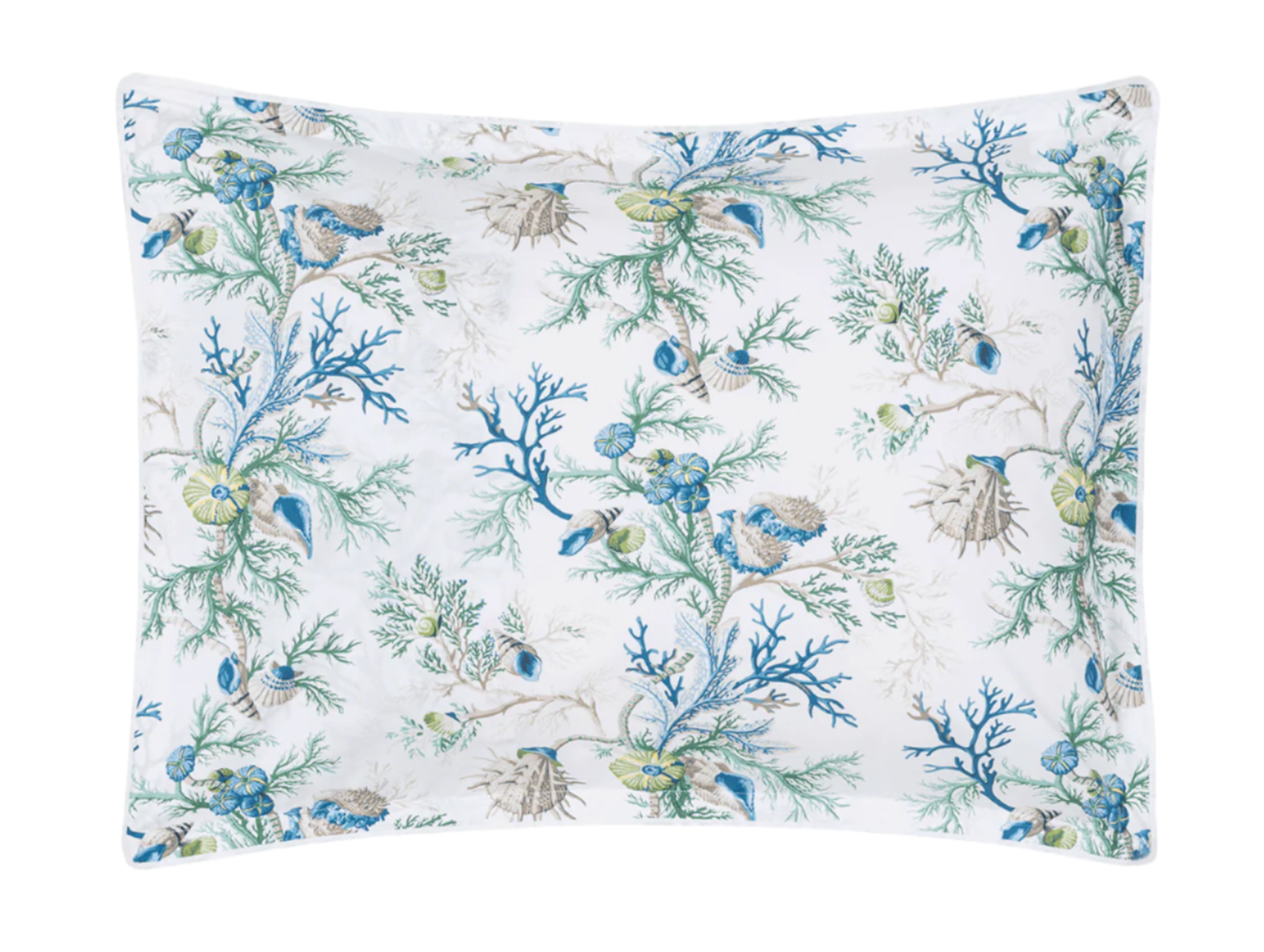 The Matouk Del Tesoro Bedding Collection, Sea, features a rectangular pillowcase with blue and green coral, seashells, and marine plants on a white background.