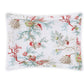 The Matouk Del Tesoro Bedding Collection Coral pillowcase is a rectangular white cover featuring colorful sea life, coral, seashells, and marine plants in red, green, and beige tones.