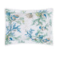 The Matouk Del Tesoro Bedding Collection, Sea, features a rectangular pillowcase with a white background and an oceanic fantasy pattern of blue, green, and beige corals, shells, and maritime creatures.
