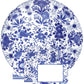 From Caspari's Delft Blue Collection: a round porcelain plate with intricate blue floral designs, paired with three matching cards featuring blank centers—the ideal way to showcase your eco-friendly triple-ply napkins.