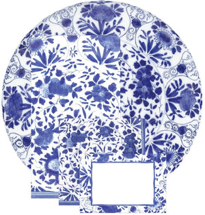 From Caspari's Delft Blue Collection: a round porcelain plate with intricate blue floral designs, paired with three matching cards featuring blank centers—the ideal way to showcase your eco-friendly triple-ply napkins.