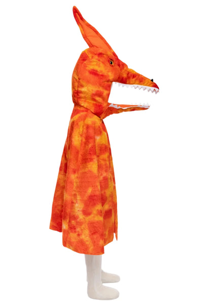 Person wearing the Great Pretenders Grandasaurus Pterodactyl Cape in orange, complete with a vibrant cape and a stuffed headpiece, standing in profile view against a white background.