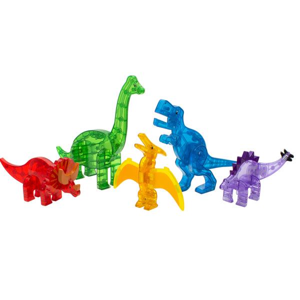 Colorful Magna-Tiles Dinos 5-Piece Set dinosaur toys arranged in a row on a white background.