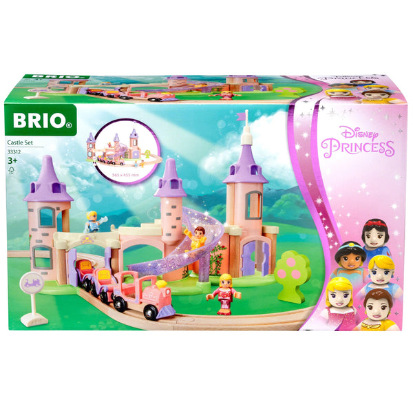 The BRIO World Train Set Castle Set (Disney Princess) by Brio comes in a box that contains an enchanting toy castle with pink towers, a princess train set complete with wooden train tracks, charming figurines, and is ideal for children ages 3 and up.