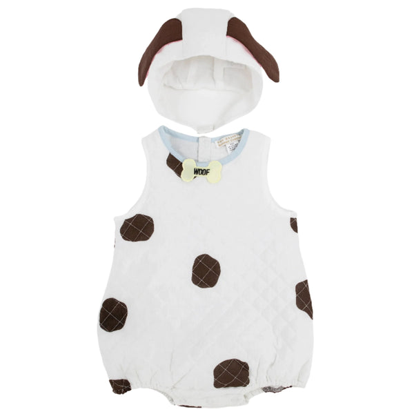 Dress your little one in The Beaufort Bonnet Dog Bubble Costume, an adorable outfit resembling a dog with black and white spots, designed by The Beaufort Bonnet Company. It features a hood with floppy ears and a neckline tag reading "WOOF." Perfect for a Puppy Happy Halloween Costume!