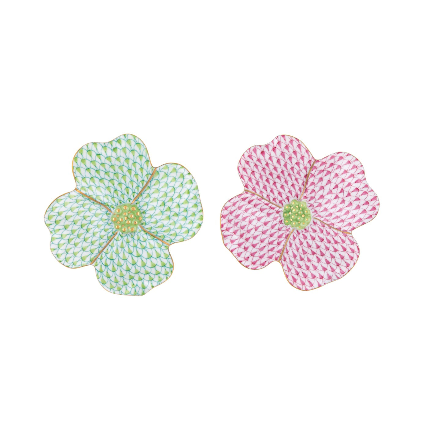 The Herend Dogwood Flower plates by Herend feature exquisite hand-painted flower-shaped ceramic designs in green and pink patterns with yellow centers and textured petals, perfect for artistic appreciation.