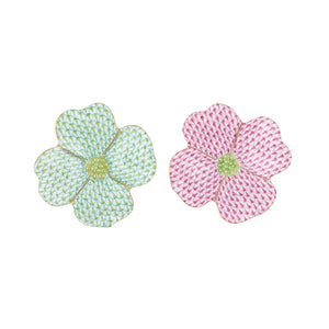 The Herend Dogwood Flower plates by Herend feature exquisite hand-painted flower-shaped ceramic designs in green and pink patterns with yellow centers and textured petals, perfect for artistic appreciation.