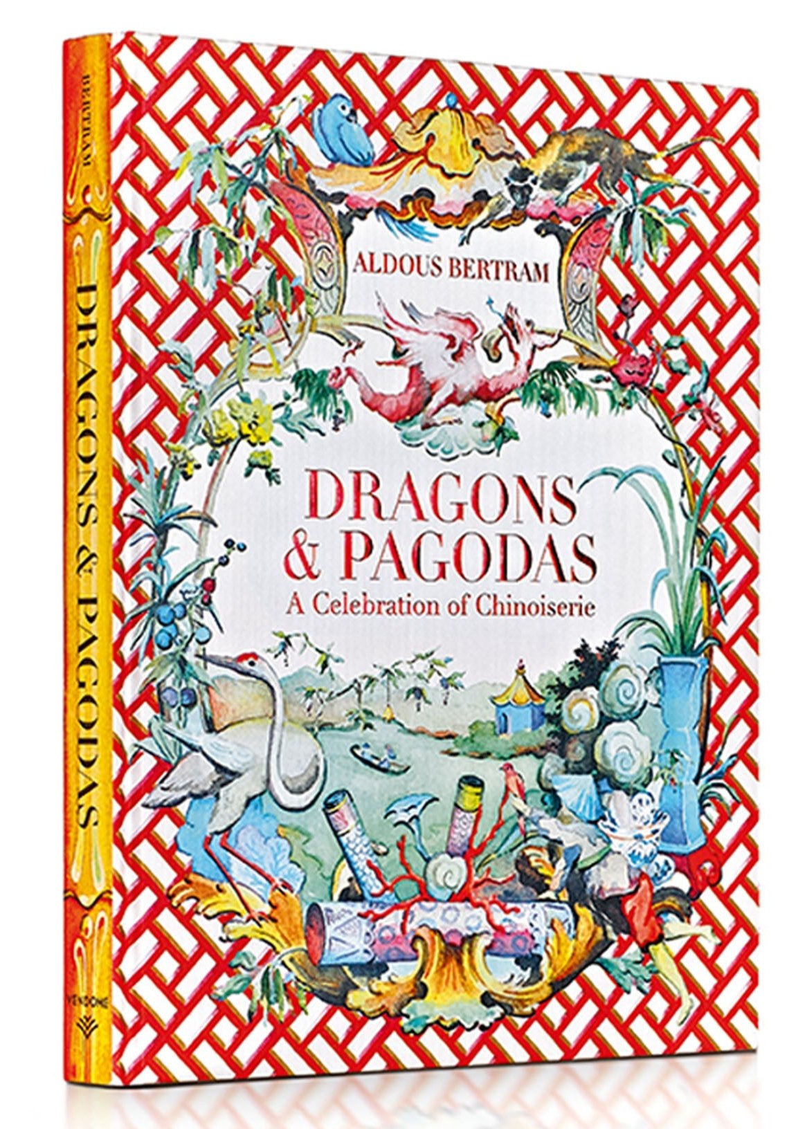 The cover of "Dragons & Pagodas: A Celebration of Chinoiserie" by Vendome features intricate illustrations of dragons, pagodas, and other Asian-inspired designs.
