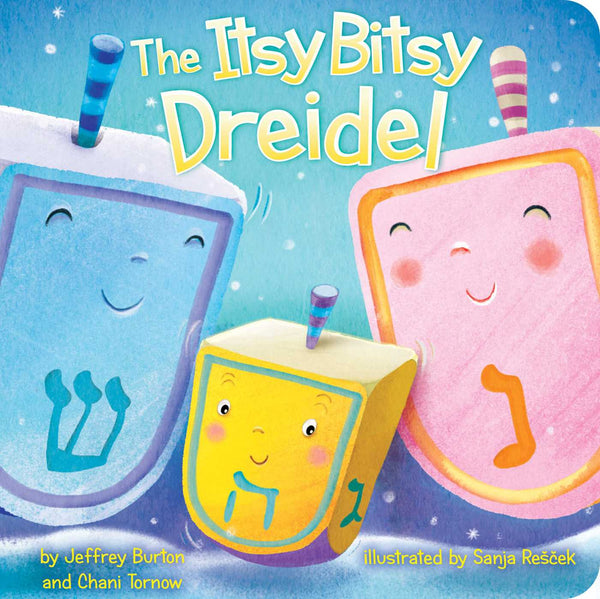 Cover of the children's book "Itsy Bitsy Dreidel" by Simon & Schuster, showcasing colorful, smiling dreidels with arms on a blue background—an ideal choice for celebrating Chanukah and the Festival of Lights.