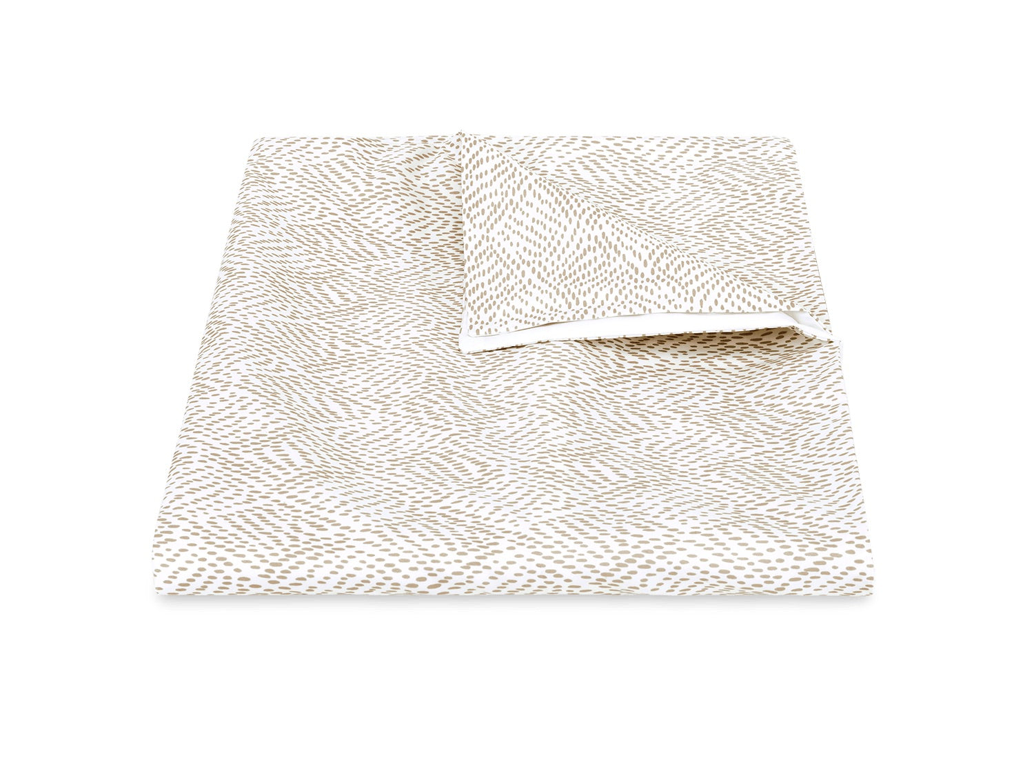 Folded bed sheet from the Matouk Duma Diamond Bedding Collection, featuring a beige and white abstract dotted geometric pattern and expertly crafted from luxurious Egyptian cotton percale, displayed on a plain white background.