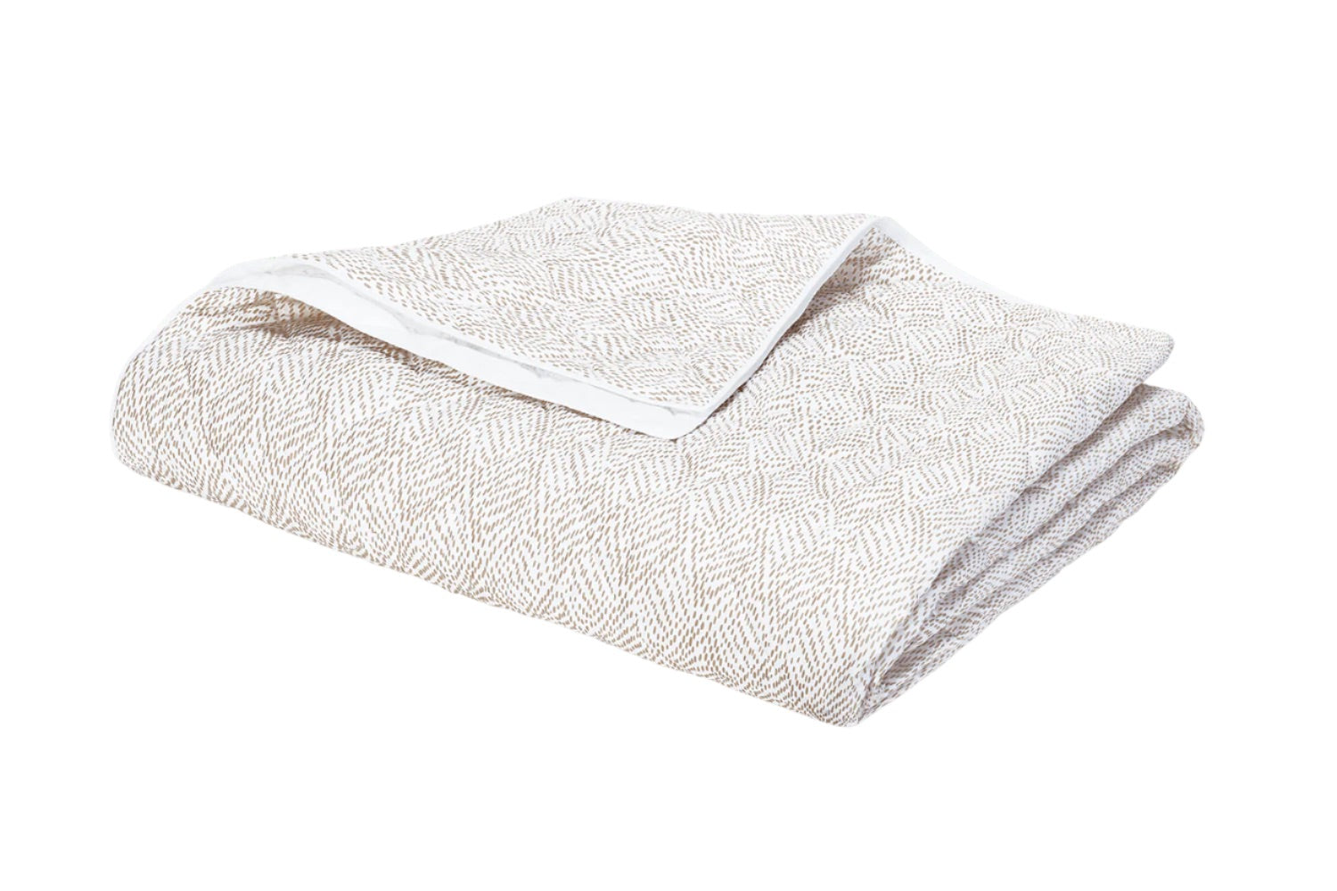 Introducing the Duma Diamond Bedding Collection by Matouk: a folded beige and white blanket adorned with a subtle harlequin pattern, expertly crafted from luxurious Egyptian cotton percale and displayed against a plain white background.