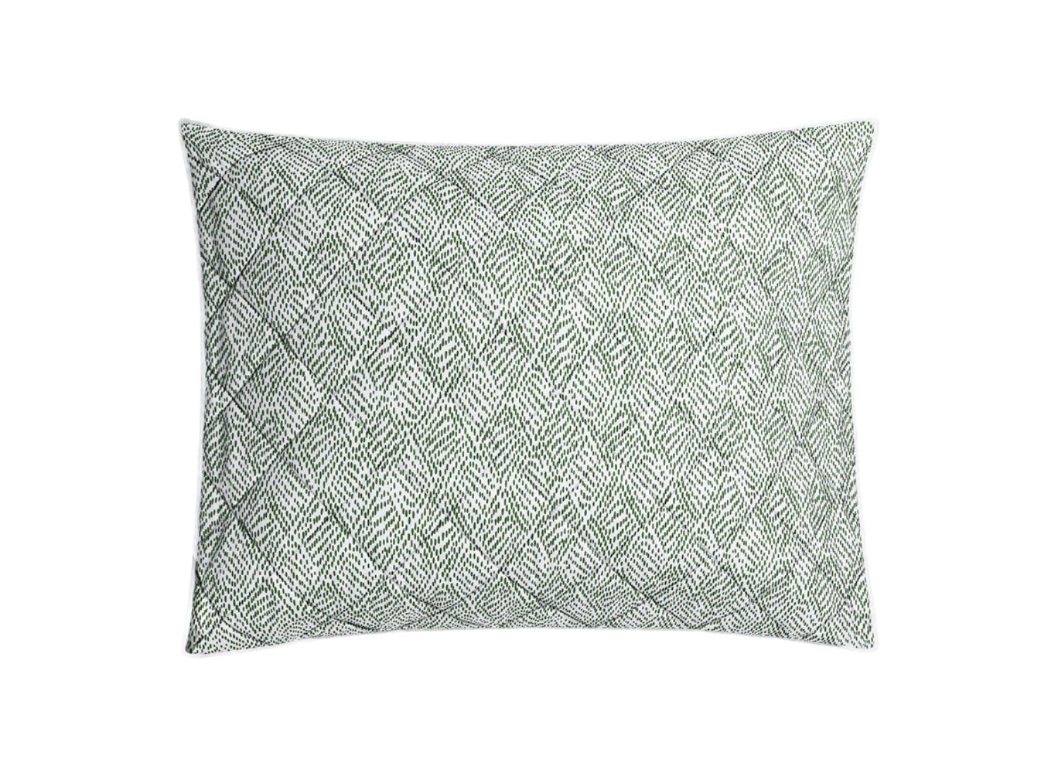Duma Diamond Bedding Collection square pillow by Matouk, featuring a green and white geometric pattern inspired by Schumacher design and crafted from luxurious Egyptian cotton percale, shown against a plain white background.