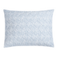 Square pillow from the Matouk Duma Diamond Bedding Collection, Sky, crafted by Matouk with a light blue herringbone pattern in luxurious Egyptian cotton percale for a soft touch, and accented by black piping along the edges.