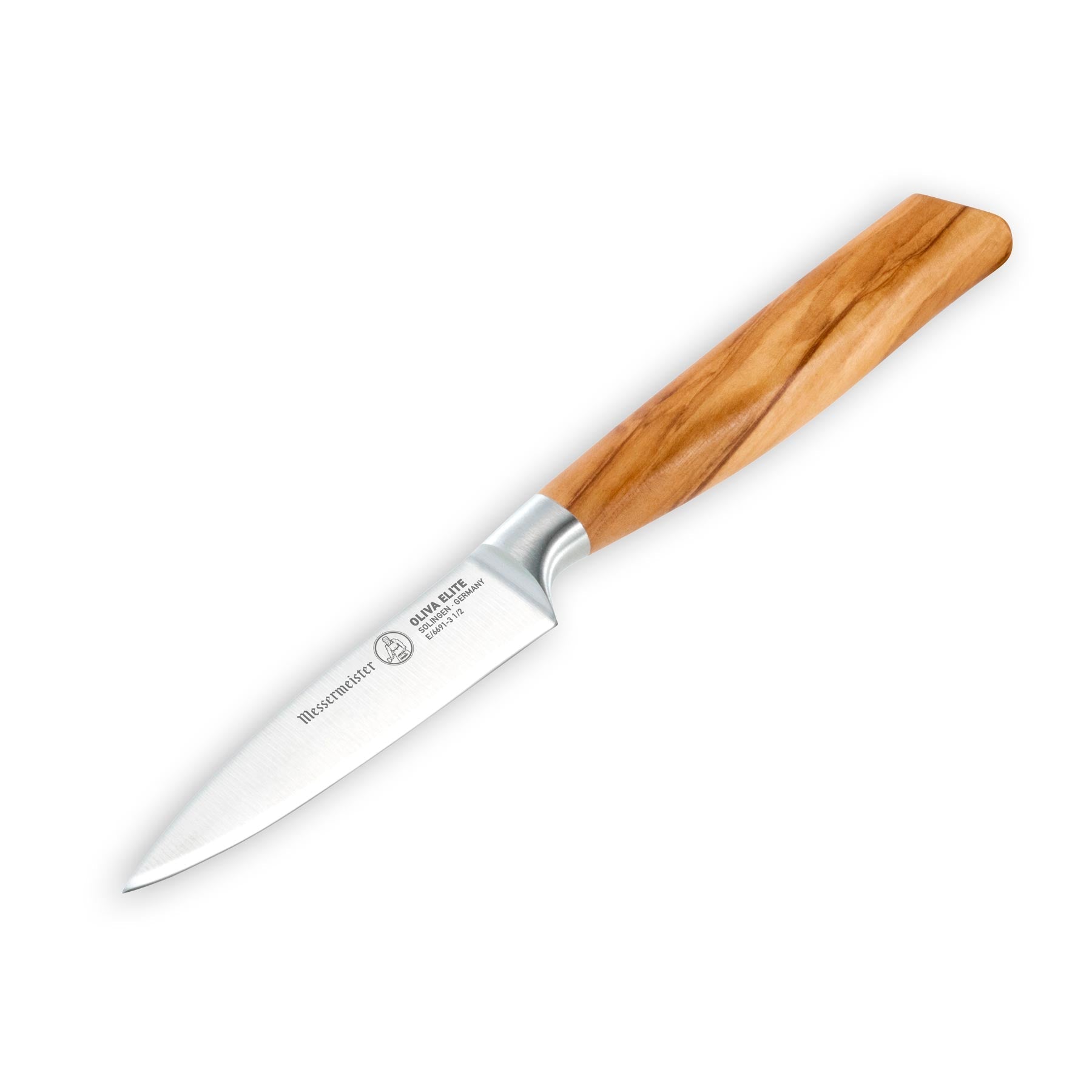 The Messermeister Oliva Elite Knife Starter Set, 3-Piece, features stainless carbon alloy steel blades and light brown wooden handles, shown photographed on a white background.