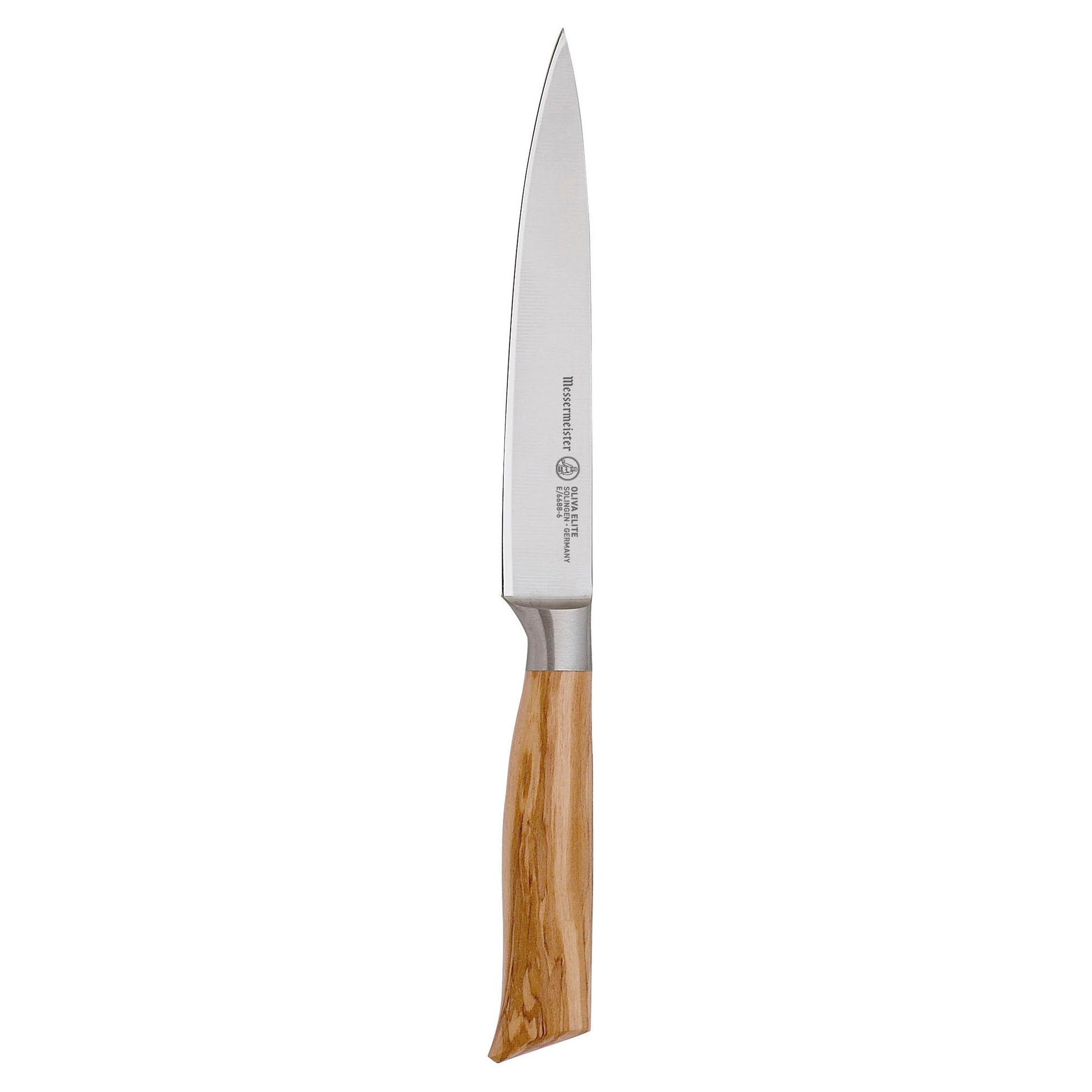 A Messermeister Oliva Elite Next Level 5-piece knife block set is displayed upright on a white background.