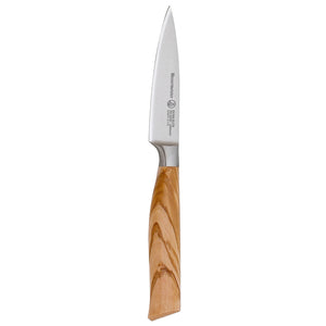 A paring knife from the Messermeister Oliva Elite Next Level Knife Block Set, 5-Piece, showcasing a sleek wooden handle and a blade made of premium German stainless steel.