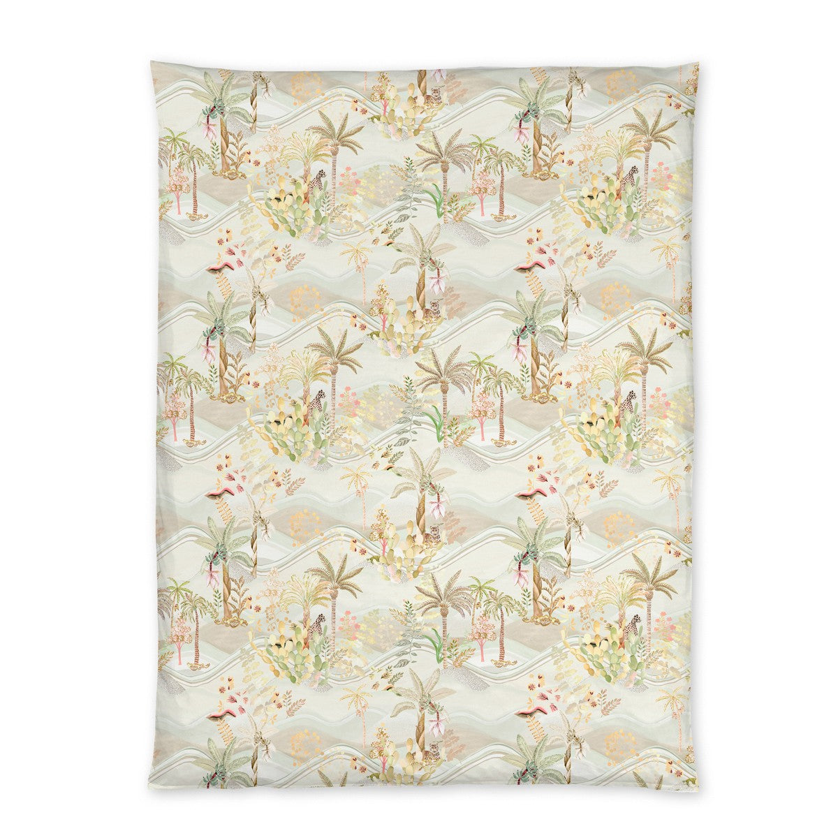 The Christian Fischbacher Satin Oasis Bedding Collection features a rectangular blanket with a pastel tropical landscape of palm trees and plants—ideal for luxury bedding and an oasis-inspired linen look.