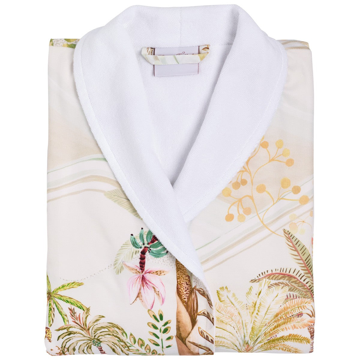 The Oasis Long Robe by Christian Fischbacher features a white shawl collar and a colorful botanical print of leaves and flowers, capturing refined elegance.