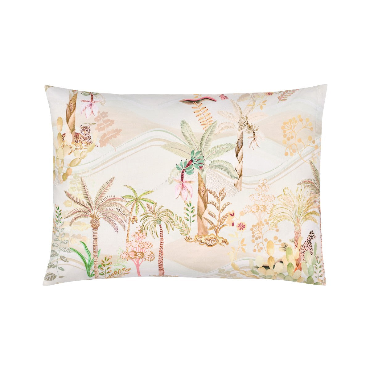 Add a touch of oasis charm to your space with the Christian Fischbacher Satin Oasis Bedding Collection pillowcase, featuring tropical palm trees and foliage in pastel and earthy tones on white.