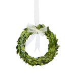 The Park Hill Collection Preserved Boxwood Wreath Collection features a small green wreath of preserved boxwood leaves with a white ribbon bow, hanging from a matching ribbon—ideal for stylish decorative displays.