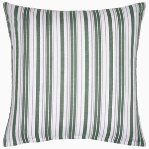 Introducing a square cushion from the John Robshaw Lina Sage Bedding Collection, featuring green and white vertical stripes and crafted from soft cotton voile.