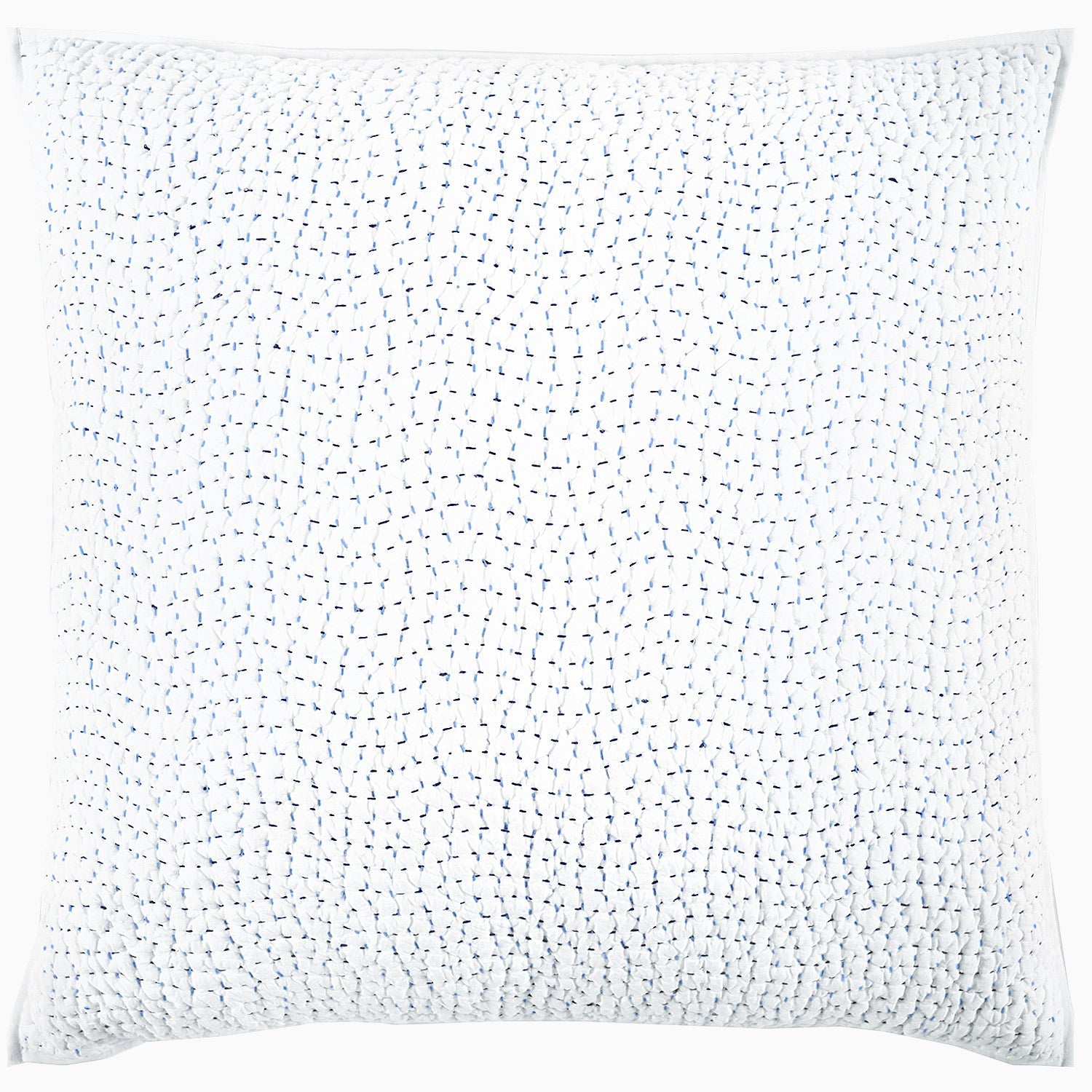 This square white pillow from the Hand-Stitched Bedding Collection by John Robshaw features a subtle, irregular pattern of small blue stitched lines across the surface, evoking the delicate detailing of artisanal coverlets.