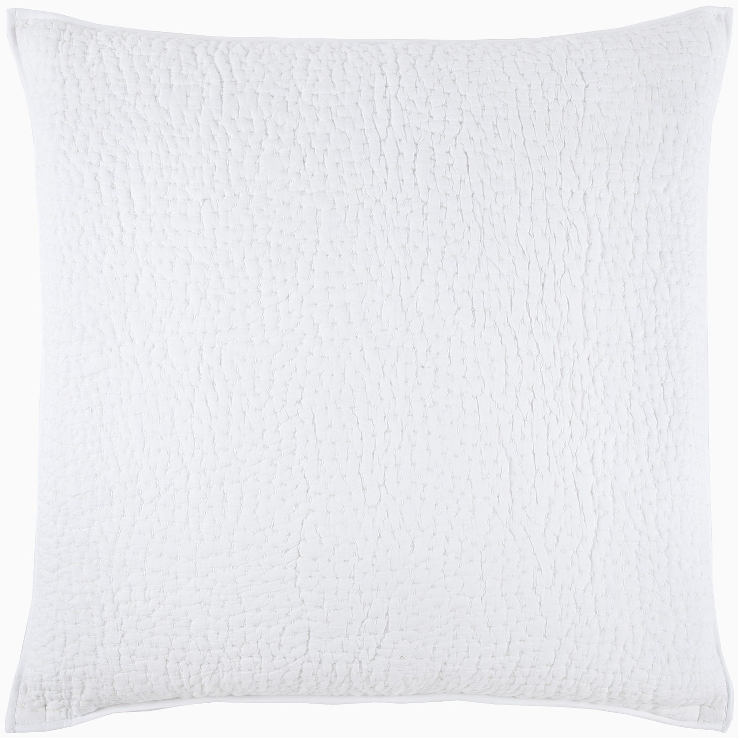 A square white quilted pillow from the John Robshaw Hand-Stitched Bedding Collection, featuring a textured surface and crafted from soft cotton voile, is shown against a plain white background.
