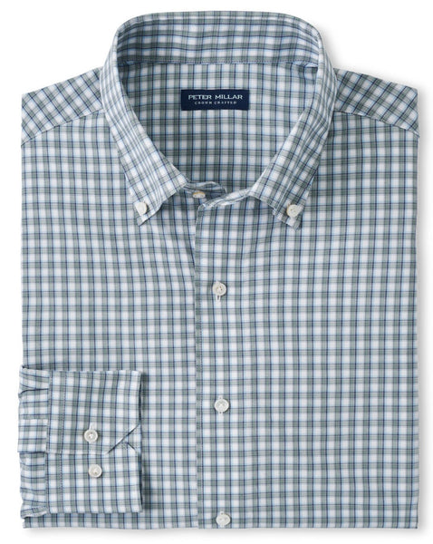A men's Peter Millar Cole Performance Poplin Sport Shirt in blue and white gingham with performance fabrication offering UPF 50+ protection.