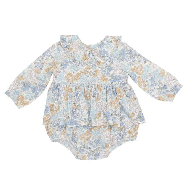 Angel Dear's Edith's Floral Long Sleeve Peter Pan Ruffle Collar Bubble with Skirt features a beautiful floral pattern in blue, white, and gold tones. This romper is made from soft spandex for added comfort and convenience when machine-washing.