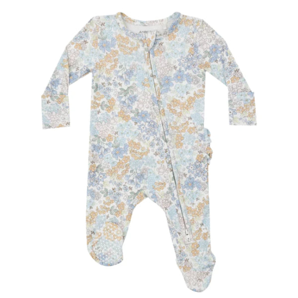 Angel Dear's Edith's Floral 2-Way Zip Ruffle Back Footie showcases a beautiful floral design on bamboo fiber fabric, featuring long sleeves and a diagonal zipper against a pristine white background.