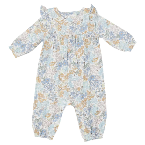 The Angel Dear Edith's Floral Ruffle Sleeve Romper features beautiful illustrations of blue and yellow flowers, crafted from soft bamboo viscose. It includes long sleeves and ruffled details to offer a stylish and comfortable wear for your little one.