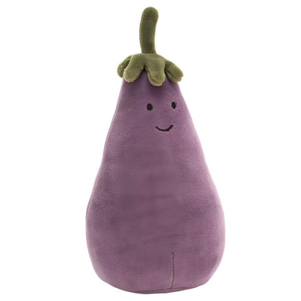 A smiling eggplant plush toy with a green leafy top, the Jellycat Vivacious Vegetable Eggplant, Small by Jellycat.