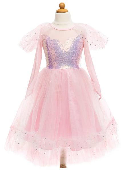 The Great Pretenders Elegant In Pink Dress by Great Pretenders is displayed on a mannequin, featuring long translucent sleeves, cap detailing, a sequined bodice adorned with holographic sequins, and a layered tulle skirt.