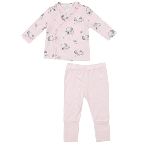 The Angel Dear Gray Elephants Take Me Home Set showcases long-sleeve pink baby pajamas adorned with cute elephants and mushrooms on the top, paired with striped roll-over cuff pants.